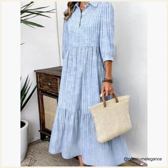 Maxi Dress with Pockets, 3/4 Sleeve, Loose Fit, Tiered Skirt, V-Neck - Picture 4 of 7